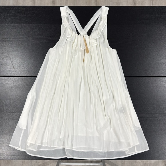 Lucca Couture Elegant White Flowy Dress with Ruffle Neckline and Tan Bow - L - Picture 5 of 11